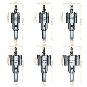 6-pc TCT Hole Saw Kit, Tungsten Carbide Tipped Hole Saws Heavy Duty for Stainless Steel Metal, Bit Size 3/4” 7/8” 1” 1-1/8” 1-3/8” 1-1/2”, with 6 Extra Pilot Drill Bits in Separate Storage Cases