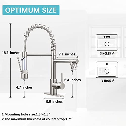 KZH Kitchen Faucet with Pull Down Sprayer Commercial Single Handle Stainless Steel Two Spout Kitchen Sink Faucet with LED Light,Deck Plate,Brushed Nickel