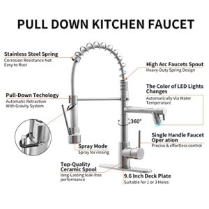 KZH Kitchen Faucet with Pull Down Sprayer Commercial Single Handle Stainless Steel Two Spout Kitchen Sink Faucet with LED Light,Deck Plate,Brushed Nickel