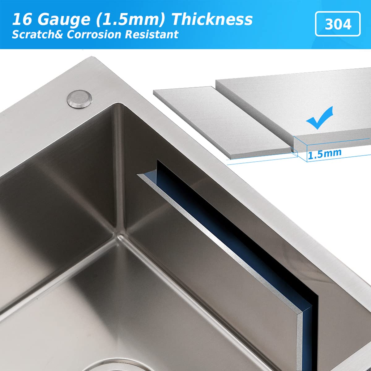 33 Inch Drop in Kitchen Sink Double Bowl Splash Guard Workstation - 33 Inch Topmount Stainless Steel Kitchen Sink 16 Gauge Stainless Steel 10'' Deep Handmade Kitchen Sink with Cutting Board& Strainer