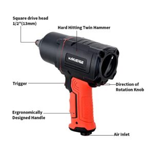 MANUSAGE Air Impact Wrench 1/2 inch with Twin Hammers, Pneumatic Heavy Duty Tools, 1200 ft-lbs Powerful Torque Output,7000RPM, Forward/Reverse, Speed Control, RP9510, Black, Red