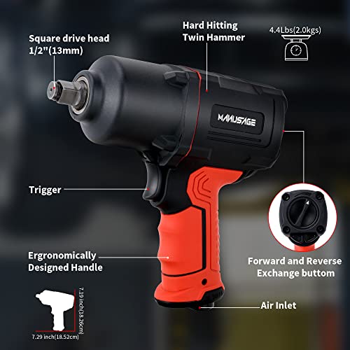 MANUSAGE Air Impact Wrench 1/2 inch with Twin Hammers, Pneumatic Heavy Duty Tools, 1200 ft-lbs Powerful Torque Output,7000RPM, Forward/Reverse, Speed Control, RP9510, Black, Red