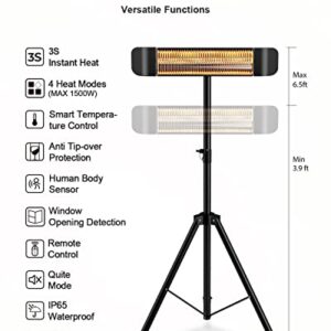 MAXOAK Infrared Patio Heater 1500W Electric Space Heater, Outdoor&Indoor Heater,IP65,Tip-over Protection,Remote Control,Stand/Wall/Ceiling Mounted for Bedroom,Balcony,Courtyard, Garage