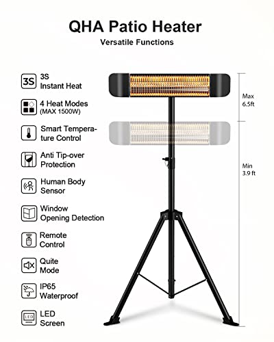 MAXOAK Infrared Patio Heater 1500W Electric Space Heater, Outdoor&Indoor Heater,IP65,Tip-over Protection,Remote Control,Stand/Wall/Ceiling Mounted for Bedroom,Balcony,Courtyard, Garage