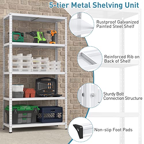 Giantex 5-Tier Storage Shelves, 39 x 16 x 74 Inch Height Adjustable Steel Garage Storage Rack with Foot Pads, Heavy Duty Garage Shelving for Warehouse, Basement, Kitchen, White