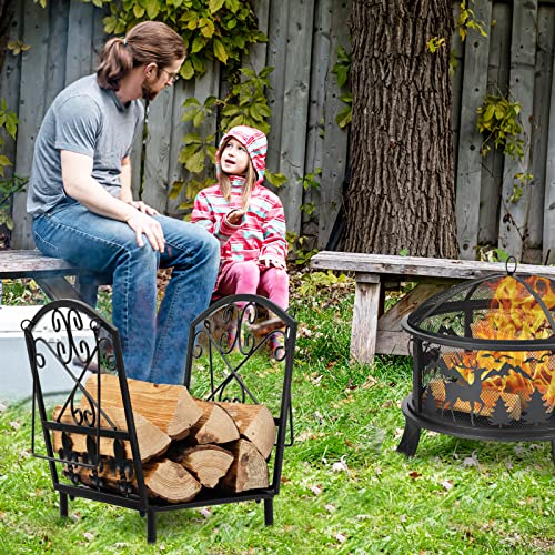 Goplus 14” Small Firewood Rack, Indoor Outdoor Decorative Firewood Storage Carrier Log Rack with Handles, Elegant Patterns & Raised Legs, Heavy Duty Firewood Holder for Fireplace, Fire Pit