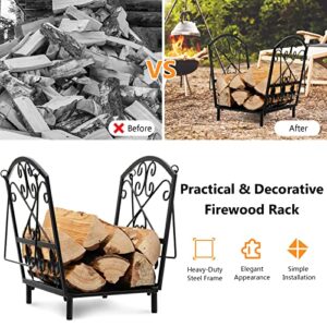 Goplus 14” Small Firewood Rack, Indoor Outdoor Decorative Firewood Storage Carrier Log Rack with Handles, Elegant Patterns & Raised Legs, Heavy Duty Firewood Holder for Fireplace, Fire Pit