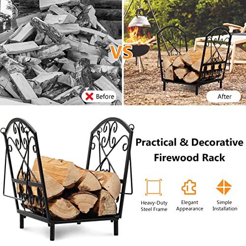 Goplus 14” Small Firewood Rack, Indoor Outdoor Decorative Firewood Storage Carrier Log Rack with Handles, Elegant Patterns & Raised Legs, Heavy Duty Firewood Holder for Fireplace, Fire Pit