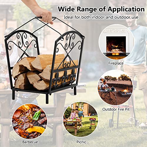 Goplus 14” Small Firewood Rack, Indoor Outdoor Decorative Firewood Storage Carrier Log Rack with Handles, Elegant Patterns & Raised Legs, Heavy Duty Firewood Holder for Fireplace, Fire Pit