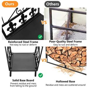 Goplus 14” Small Firewood Rack, Indoor Outdoor Decorative Firewood Storage Carrier Log Rack with Handles, Elegant Patterns & Raised Legs, Heavy Duty Firewood Holder for Fireplace, Fire Pit