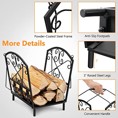 Goplus 14” Small Firewood Rack, Indoor Outdoor Decorative Firewood Storage Carrier Log Rack with Handles, Elegant Patterns & Raised Legs, Heavy Duty Firewood Holder for Fireplace, Fire Pit