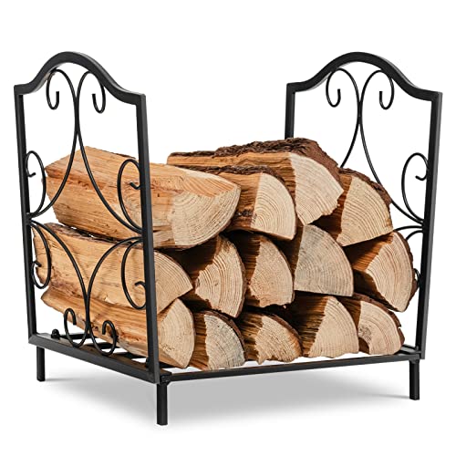 Goplus 17” Small Firewood Rack, Indoor Outdoor Decorative Firewood Storage Carrier Log Rack with Elegant Patterns & Raised Legs, Heavy Duty Firewood Holder for Fireplace, Fire Pit