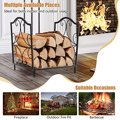 Goplus 17” Small Firewood Rack, Indoor Outdoor Decorative Firewood Storage Carrier Log Rack with Elegant Patterns & Raised Legs, Heavy Duty Firewood Holder for Fireplace, Fire Pit