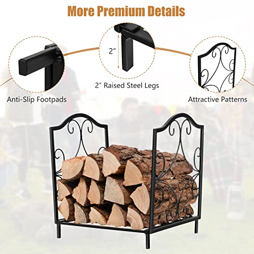 Goplus 17” Small Firewood Rack, Indoor Outdoor Decorative Firewood Storage Carrier Log Rack with Elegant Patterns & Raised Legs, Heavy Duty Firewood Holder for Fireplace, Fire Pit