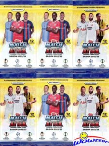 2022/23 topps match attax champions league uefa soccer collection of (6) factory sealed foil packs with 72 cards! look for top stars including messi, haaland, ronaldo, pulisic, mbappe & more! wowzzer!