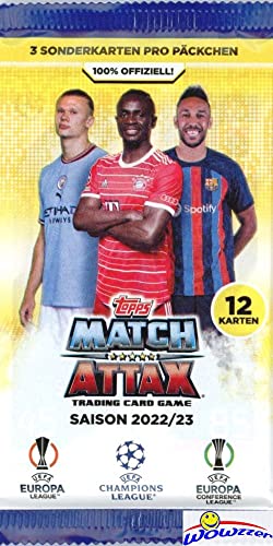 2022/23 Topps Match Attax Champions League UEFA Soccer Collection of (6) Factory Sealed Foil Packs with 72 Cards! Look for Top Stars including Messi, Haaland, Ronaldo, Pulisic, Mbappe & More! WOWZZER!