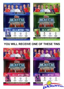 2022/23 topps match attax champions league soccer exclusive collectors booster tin with 38 cards including (2) limited edition cards! look for haaland, ronaldo, messi, mbappe, pedri & more! wowzzer