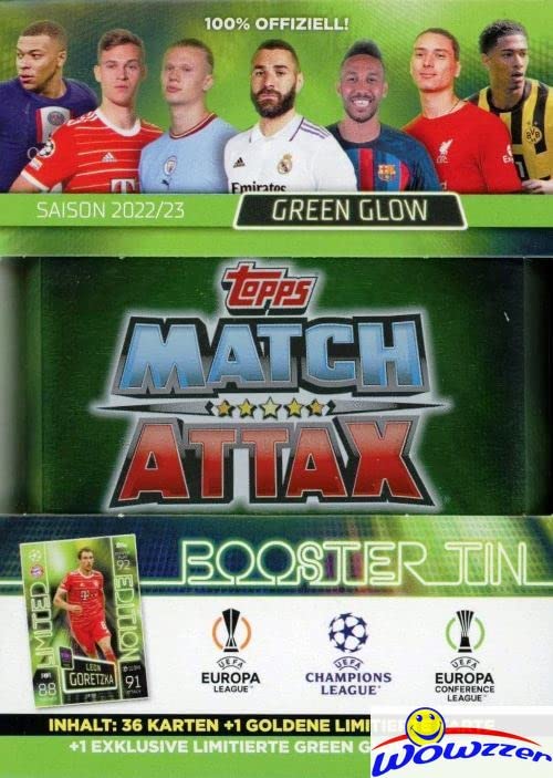 2022/23 Topps Match Attax Champions League Soccer EXCLUSIVE Collectors Booster TIN with 38 Cards Including (2) LIMITED EDITION Cards! Look for Haaland, Ronaldo, Messi, Mbappe, Pedri & More! WOWZZER