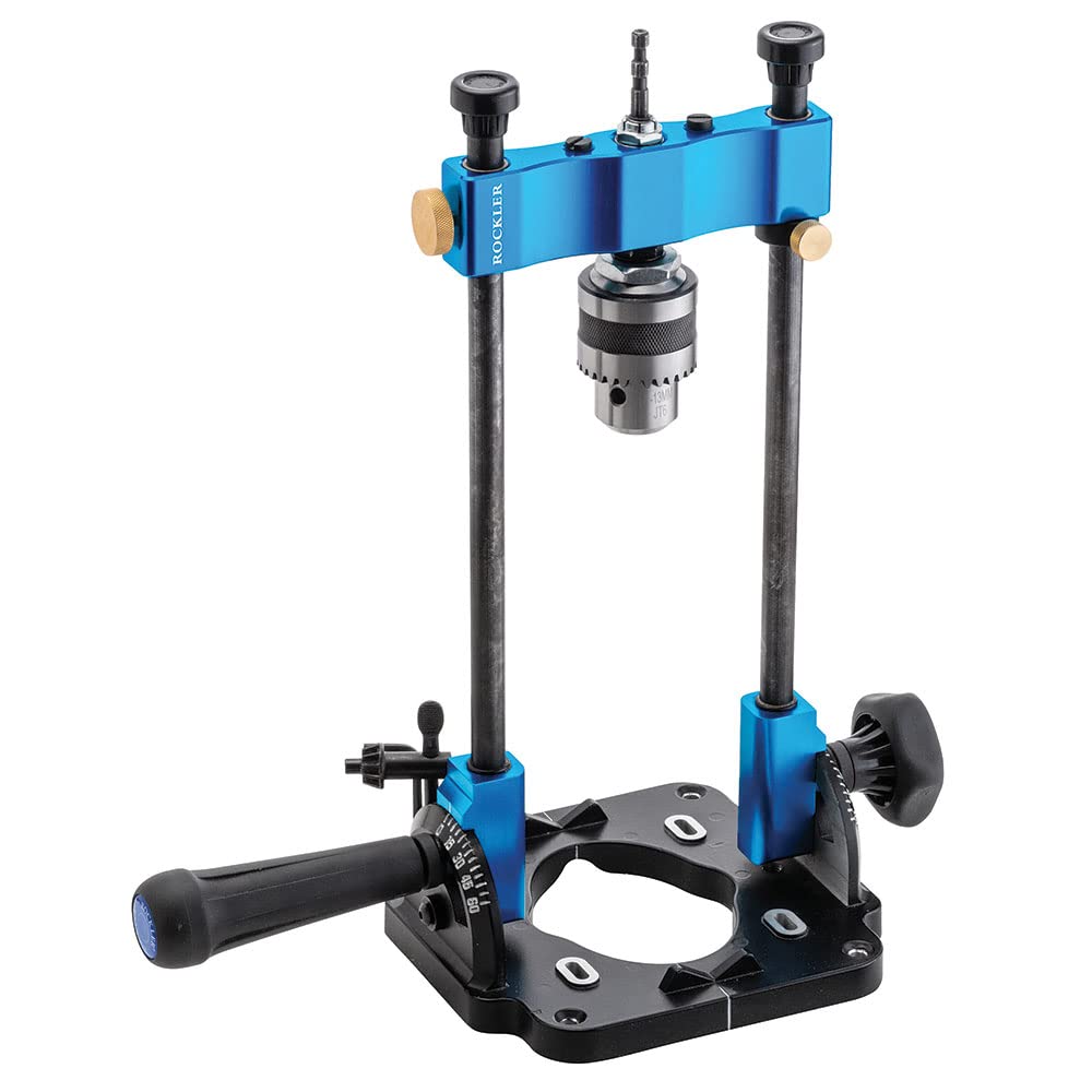 Rockler Drill Guide w/Chuck Key - Full-Size Drill Press Accessories for Small Shops - 0° to 60° Angle Drill Guide w/Easy-to-Read Protractor Scale - Self-Centering Portable Drill Guide