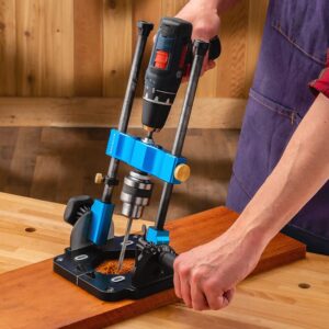 Rockler Drill Guide w/Chuck Key - Full-Size Drill Press Accessories for Small Shops - 0° to 60° Angle Drill Guide w/Easy-to-Read Protractor Scale - Self-Centering Portable Drill Guide