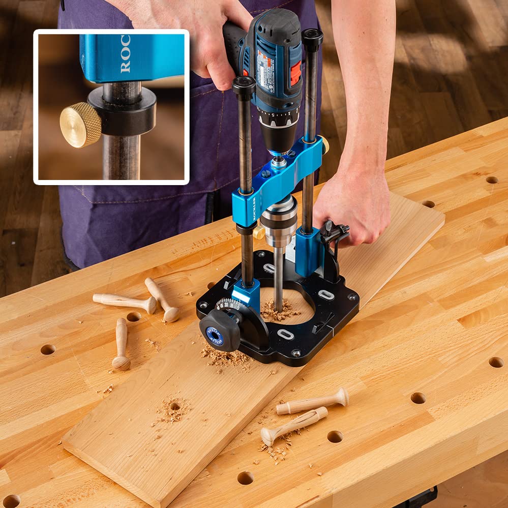 Rockler Drill Guide w/Chuck Key - Full-Size Drill Press Accessories for Small Shops - 0° to 60° Angle Drill Guide w/Easy-to-Read Protractor Scale - Self-Centering Portable Drill Guide