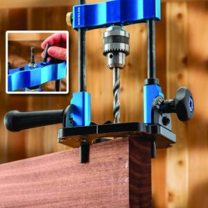 Rockler Drill Guide w/Chuck Key - Full-Size Drill Press Accessories for Small Shops - 0° to 60° Angle Drill Guide w/Easy-to-Read Protractor Scale - Self-Centering Portable Drill Guide