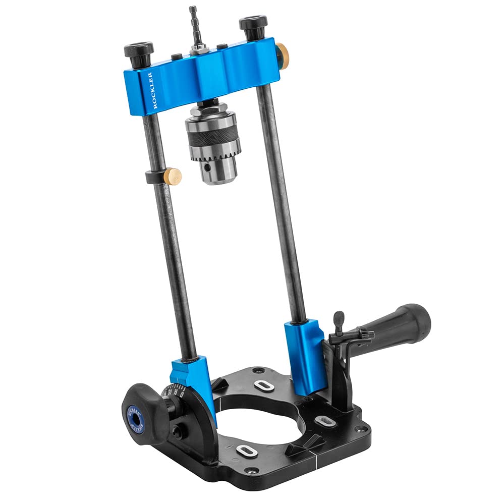 Rockler Drill Guide w/Chuck Key - Full-Size Drill Press Accessories for Small Shops - 0° to 60° Angle Drill Guide w/Easy-to-Read Protractor Scale - Self-Centering Portable Drill Guide