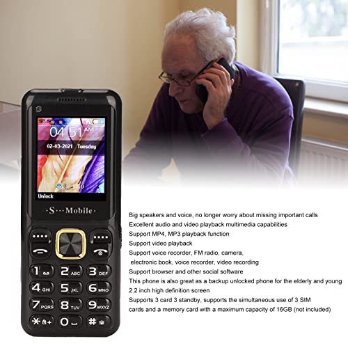 2G Unlocked Senior Cell Phone, Easy to Use Big Button Simple Mobile Phone with 3 Card 3 Standby, SOS Button, 2.2" Screen & 2500mAh Battery, Ultra Thin Unlocked Phone for Elderly & Kids(Gold)