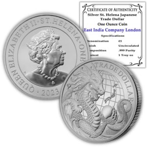 2023 1 oz silver saint helena modern japanese trade dollar - dragon coin brilliant uncirculated with certificate of authenticity £1 bu