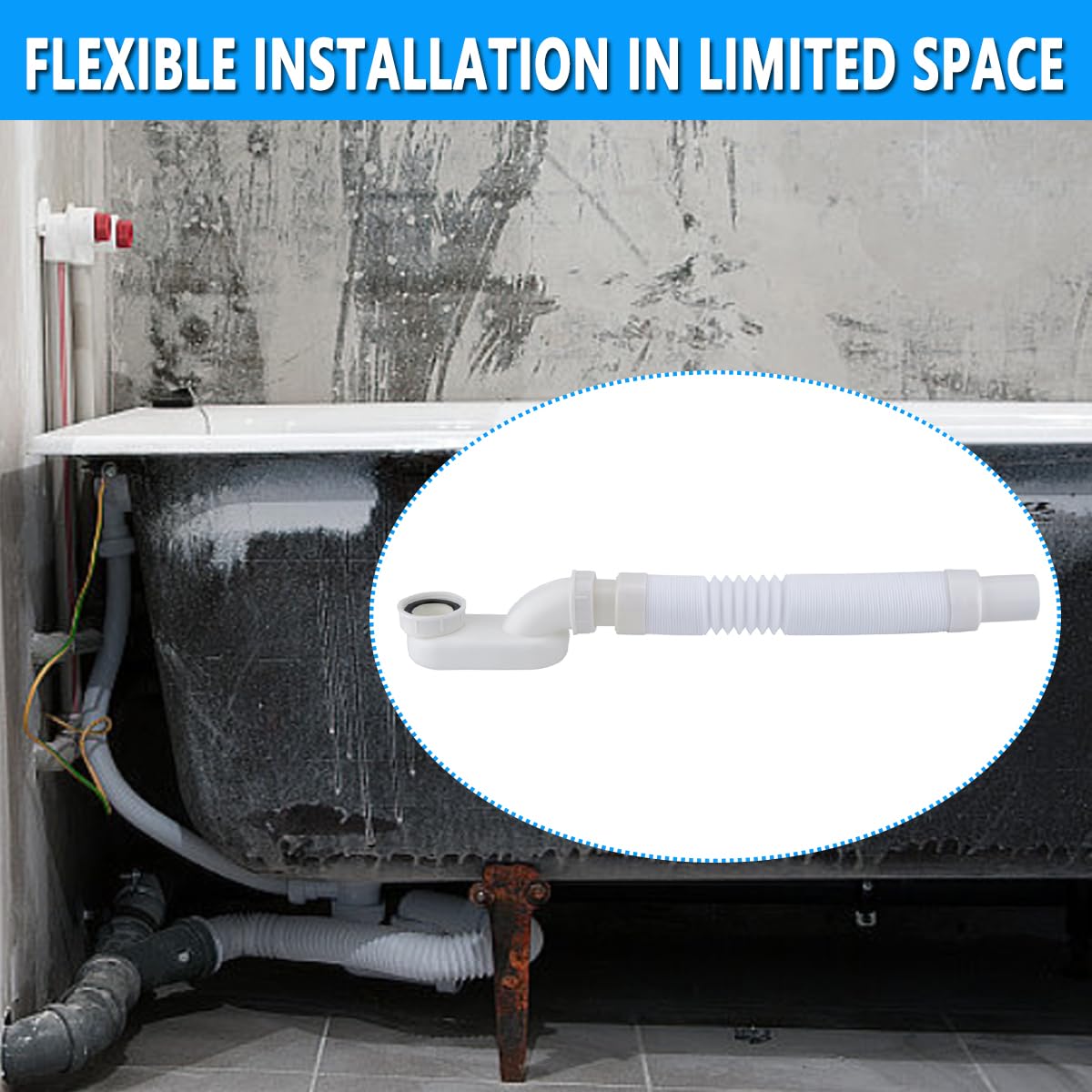 Cinsda Bathtub Shower Drain Pipe, Low Profile Flat 1 1/2 P Trap Kit Flexible Freestanding Tub Drain for Bath