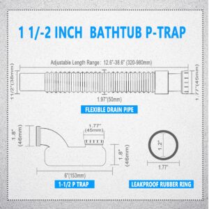 Cinsda Bathtub Shower Drain Pipe, Low Profile Flat 1 1/2 P Trap Kit Flexible Freestanding Tub Drain for Bath