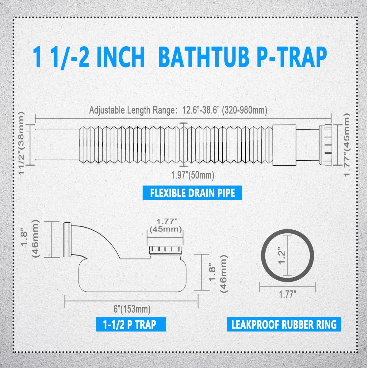 Cinsda Bathtub Shower Drain Pipe, Low Profile Flat 1 1/2 P Trap Kit Flexible Freestanding Tub Drain for Bath