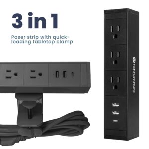 Fohfurniture 5-in-1 Fast Charging, Sliding Desk Clamp Power Strip with 3 AC Outlet Ports, 1 USB-A Port, and 1 USB-C Port and 6ft Cord (Black)