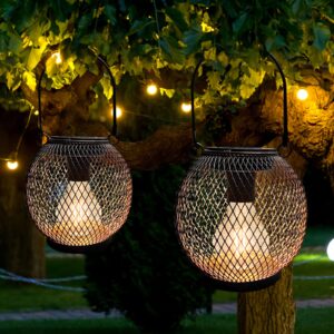 pearlstar Solar Lanterns Outdoor Hanging 2Pack Black Solar Table Lamp with Edison Bulbs for Camping Yard Patio Garden Decoration, Waterproof Hanging Lights (Black)