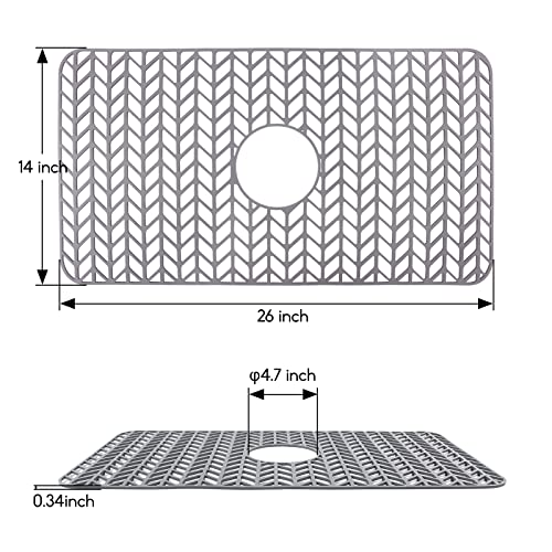 CNDSE Sink Protectors for Kitchen Sink 26'' x 14'', Non-slip Silicone Sink Mats for Bottom of Kitchen Sink,Grey Kitchen Sink Mats for Farmhouse Stainless Steel Ceramic Sink,Center Hole Sink Mat(1)