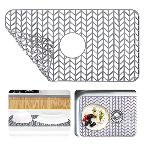 CNDSE Sink Protectors for Kitchen Sink 26'' x 14'', Non-slip Silicone Sink Mats for Bottom of Kitchen Sink,Grey Kitchen Sink Mats for Farmhouse Stainless Steel Ceramic Sink,Center Hole Sink Mat(1)