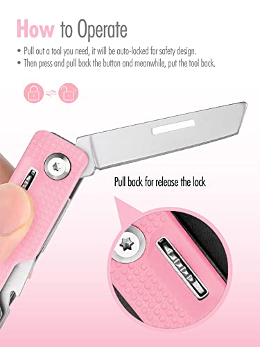 FantastiCAR 9 in 1 Multi-tool, EDC Folding Pocket Knife with Saw for Daily Needs, Outdoor Activities, Christmas Gifts (Pink)