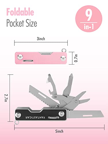 FantastiCAR 9 in 1 Multi-tool, EDC Folding Pocket Knife with Saw for Daily Needs, Outdoor Activities, Christmas Gifts (Pink)