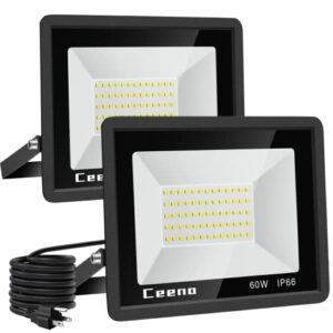ceena 2 pack 60w plug in led flood light outdoor, 6000lm super bright floodlight with switch and 5.9ft wire, ip66 waterproof 6000k led work light for garage, yard, patio, front door