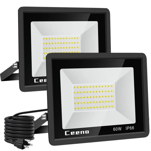 Ceena 2 Pack 60W Plug in LED Flood Light Outdoor, 6000lm Super Bright Floodlight with Switch and 5.9FT Wire, IP66 Waterproof 6000K LED Work Light for Garage, Yard, Patio, Front Door