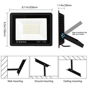 Ceena 2 Pack 60W Plug in LED Flood Light Outdoor, 6000lm Super Bright Floodlight with Switch and 5.9FT Wire, IP66 Waterproof 6000K LED Work Light for Garage, Yard, Patio, Front Door