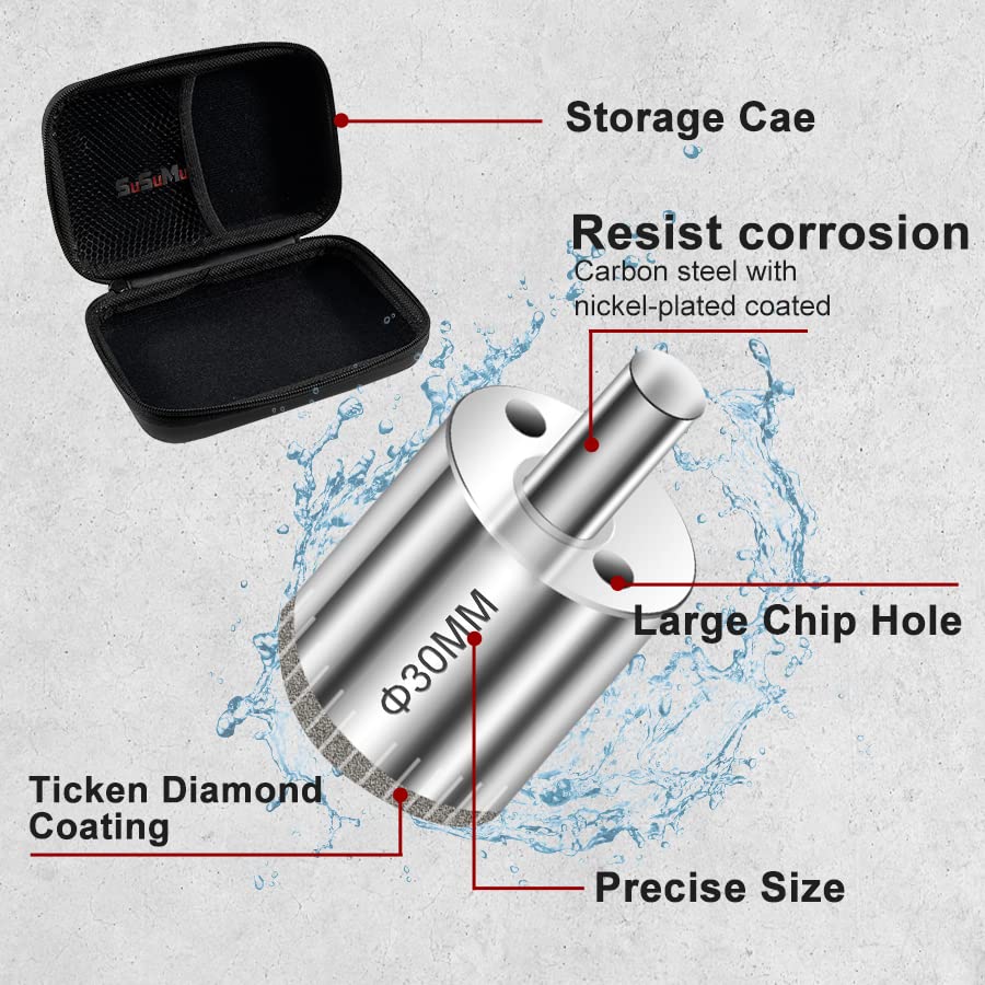 Diamond Drill Bits with PU Case 10PCS Diamond Tile Hole Saw for Pots Bottles Glass Ceramic Porcelain Tile Stone Granite Marble 1/4 to 1 1/5 Inch Glass Drill Bits