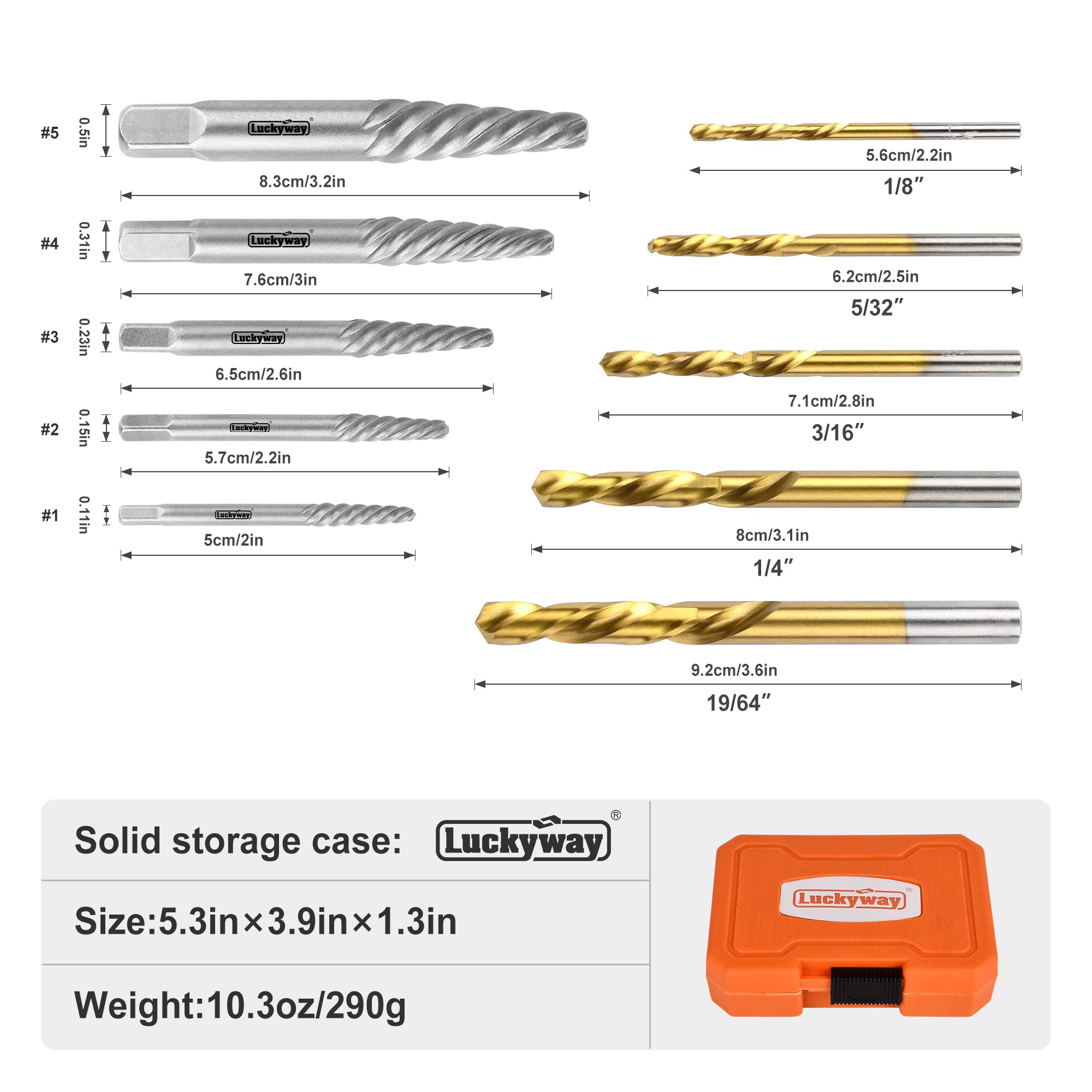 Luckyway 10-Piece Screw Extractor and Left Hand Drill Bit Set, Bolt Extractors, for Removing Broken Studs, Bolts, Socket Screws, and Fittings