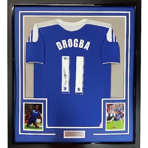 framed autographed/signed didier drogba 33x42 chelsea fc blue soccer futbol jersey beckett bas coa