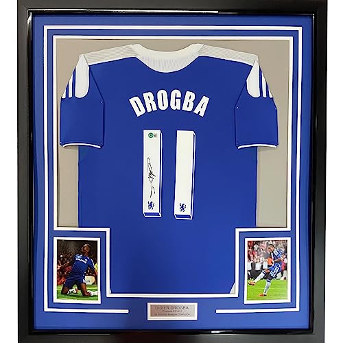 Framed Autographed/Signed Didier Drogba 33x42 Chelsea FC Blue Soccer Futbol Jersey Beckett BAS COA