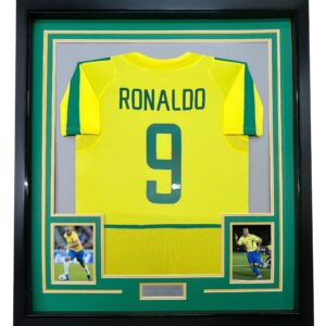 Framed Autographed/Signed Ronaldo Nazario 33x42 Brazil Yellow Soccer Jersey Beckett BAS COA