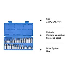 NEIKO 10388A Master Allen Hex Bit Socket Set, 33 Piece SAE and Metric Allen Socket Set, Allen Head Hex Key Socket Set Made with S2 Steel, Allen Hex Bit Set, Standard 5/64” – 3/4” & Metric 2mm – 19mm