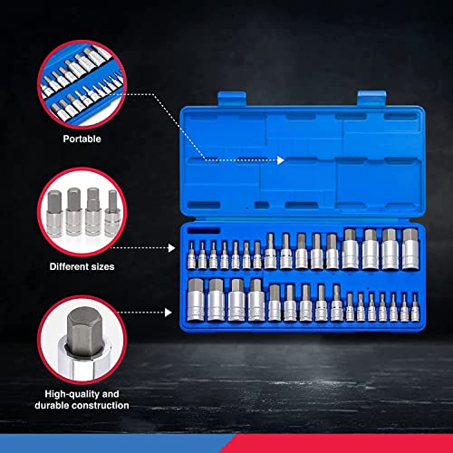 NEIKO 10388A Master Allen Hex Bit Socket Set, 33 Piece SAE and Metric Allen Socket Set, Allen Head Hex Key Socket Set Made with S2 Steel, Allen Hex Bit Set, Standard 5/64” – 3/4” & Metric 2mm – 19mm