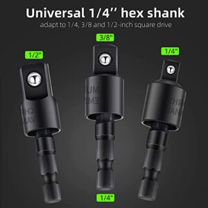 4pcs Drill-Bit-Extension Set, Includes Hex Shank 105° Right-Angle-Drill-Attachmen, 360° Rotatable Joint Socket 1/4 3/8 1/2" Universal Socket Adapter Set (Black)