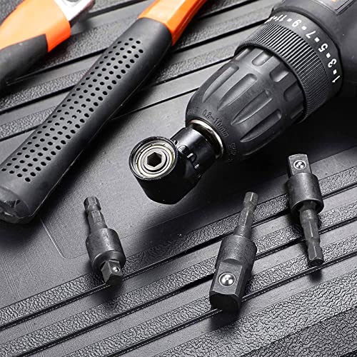 4pcs Drill-Bit-Extension Set, Includes Hex Shank 105° Right-Angle-Drill-Attachmen, 360° Rotatable Joint Socket 1/4 3/8 1/2" Universal Socket Adapter Set (Black)